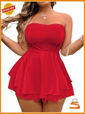 Plus Size Strapless Jumpsuit Floral Ruffle Hem Flare Mini Dress